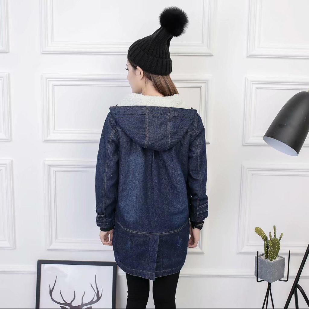Women's Plus Size Hooded Denim Cotton Coat with Fleece Lining - Korean Style, Mid-Length, for Autumn and Winter.