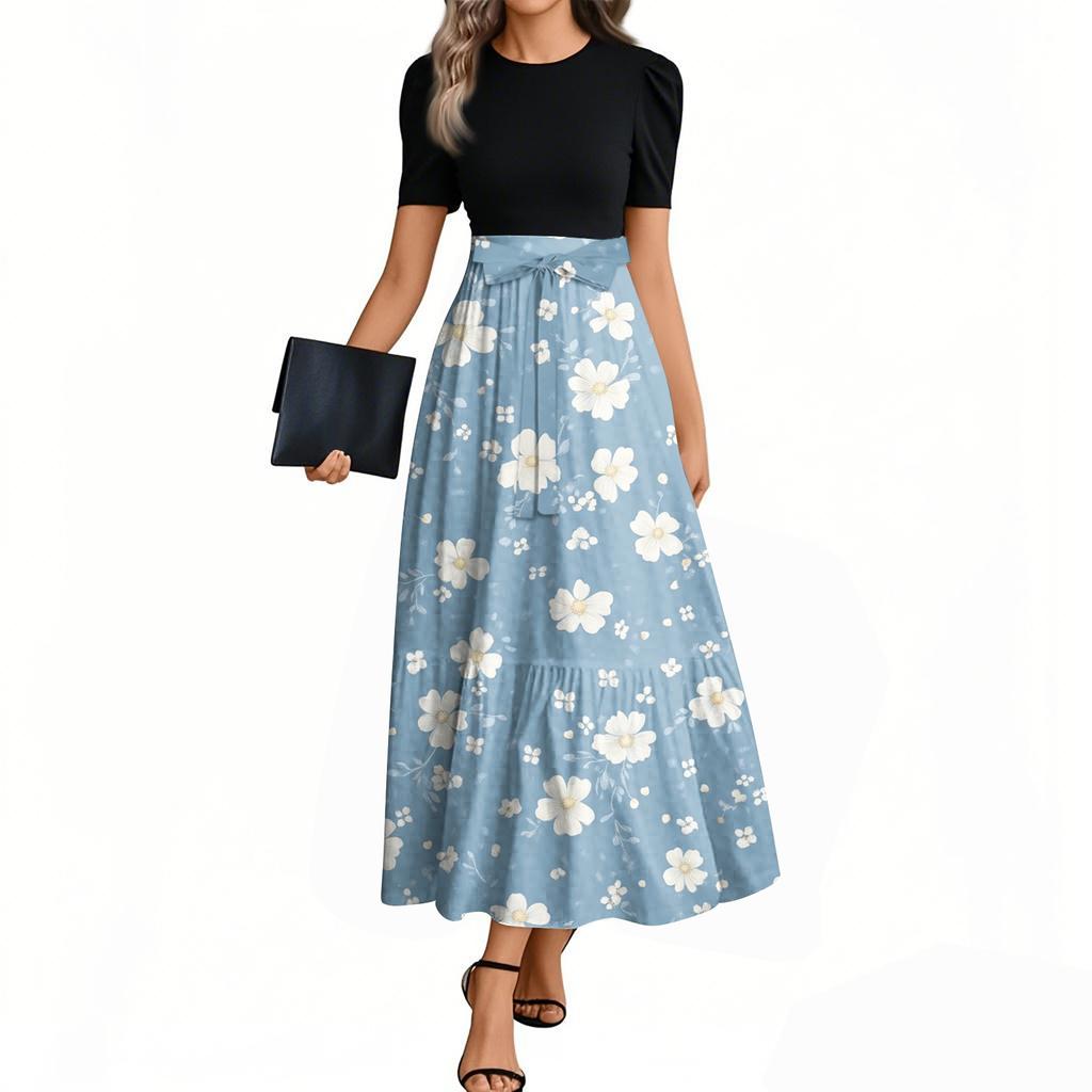Damenmode Casual Gürtel Kurzarm Rundhals Blumennähte Elegantes Temperamentkleid