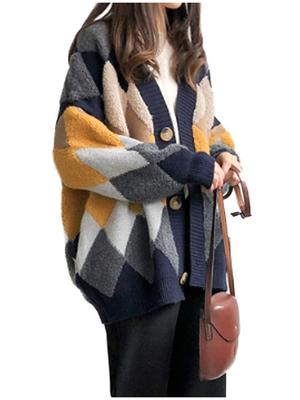 Lion Garden Argyle Long Sizes Women's Cardigan, Autumn/Winter Knit, V-Neck, Sleeves, Thick, Simple, Casual, M-XL (XL, Navy)