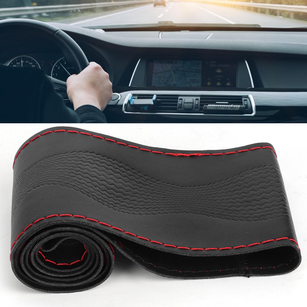 38cm 15in Leather Steering Wheel Cover Embossing Needles&Thread Kit Car Interior Decoration(Black Red )