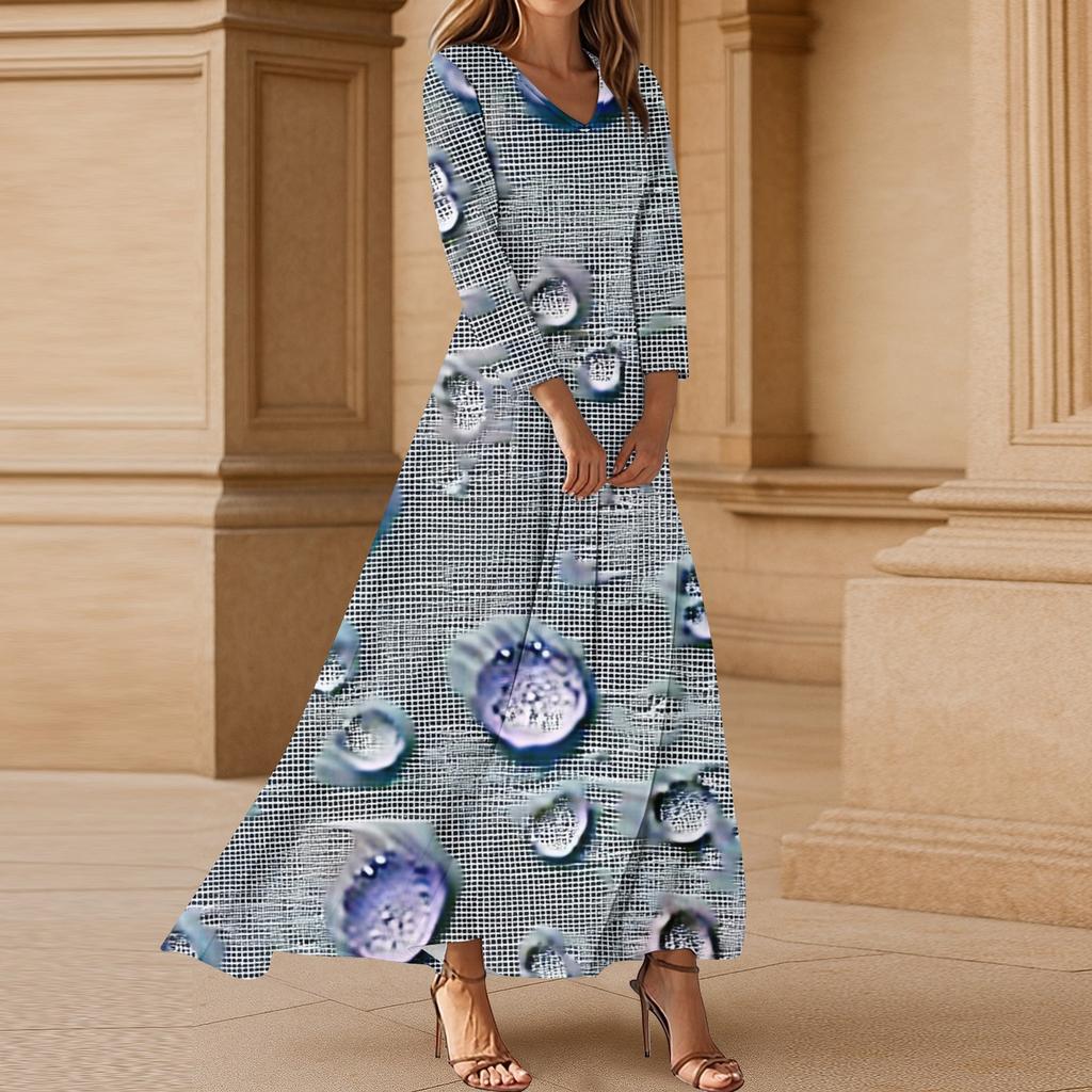 Women's Casual 3/4 Sleeve V-Neck Floral Print Maxi A-Line Beach Dress