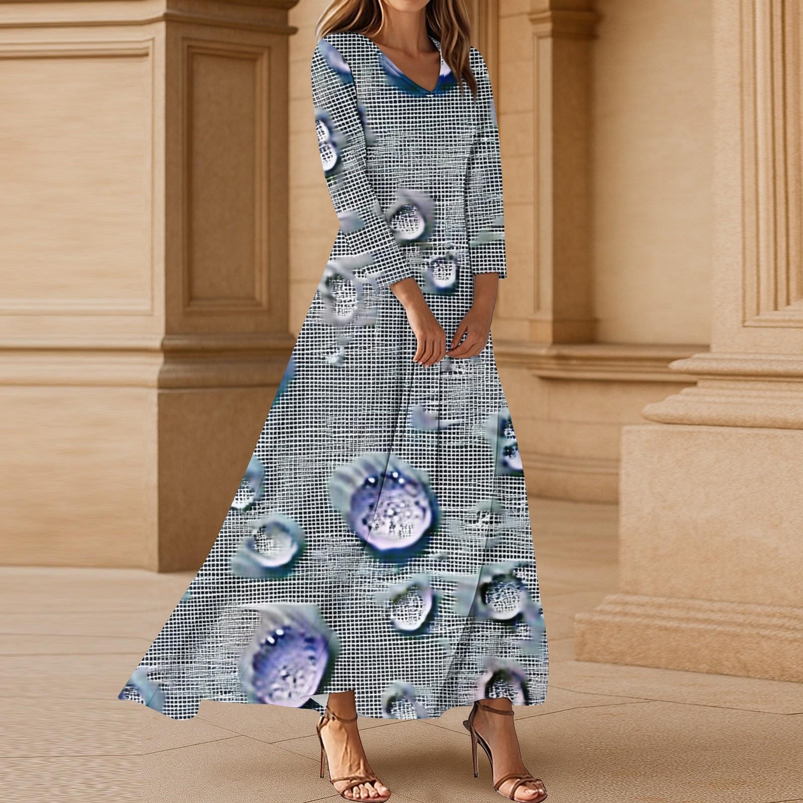 

Женское повседневное платье макси А-силуэта с V-образным вырезом и рукавом 3/4 с цветочным принтом для пляжа S