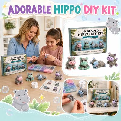 3D Beaded Hippo DIY Kit 4 Piece Set Animal Bead Kit for Beginners and Adults Creative Beadwork Project