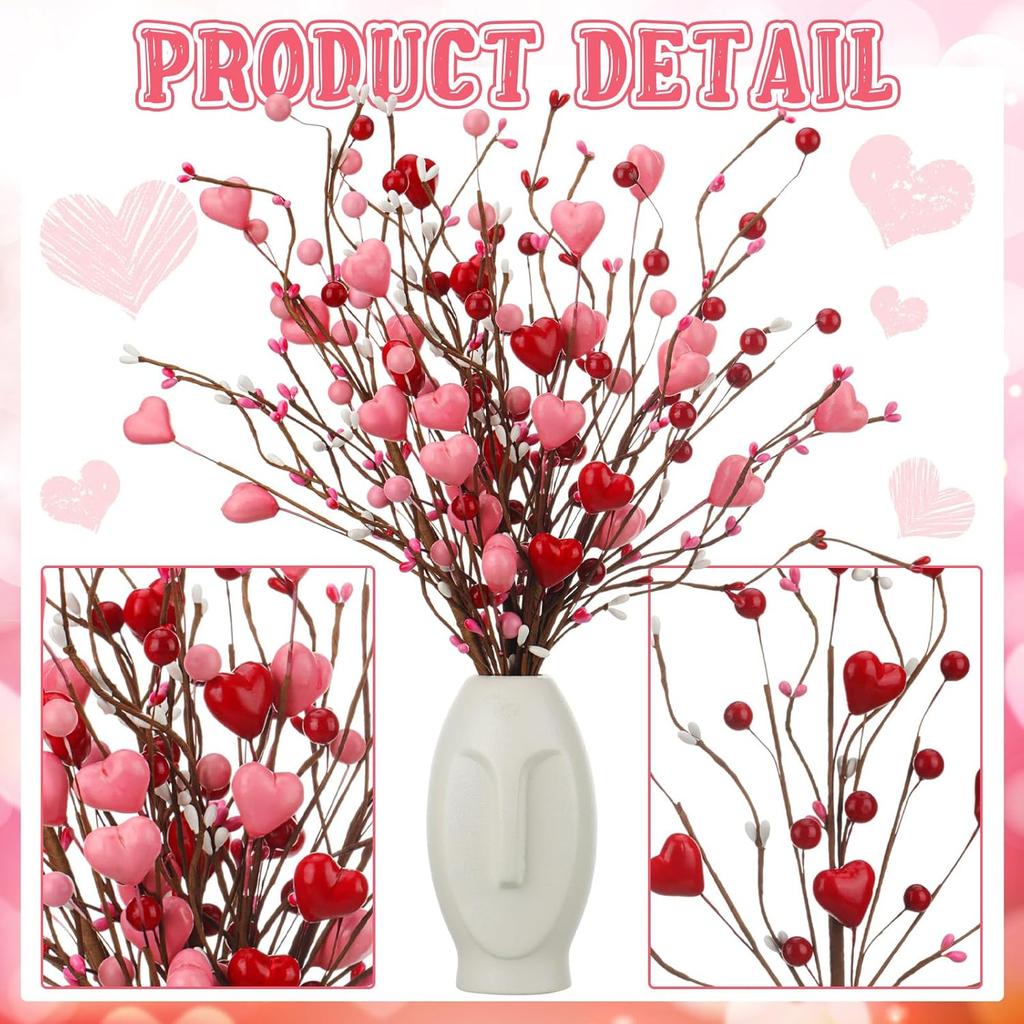 12 Pcs Valentine's Day Floral Picks Pink Artificial Berry Stems Heart Shaped Branch Heart Sprays Picks Flowers for Valentine's Day Mother's Day
