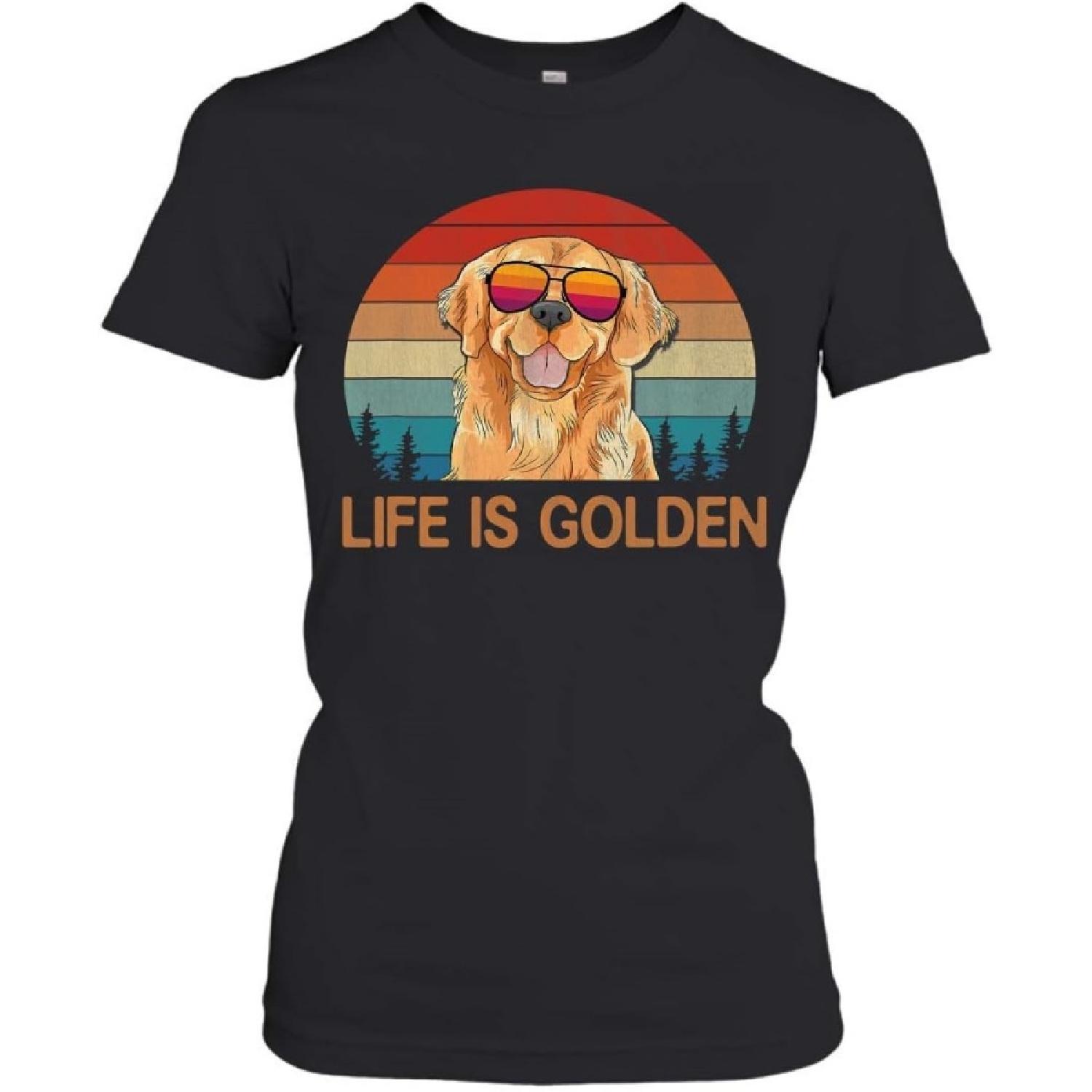 Funny Life is Golden Vintage Golden Retriever Dog Lover Gifts Women s T-Shirt (Black;3XL) S