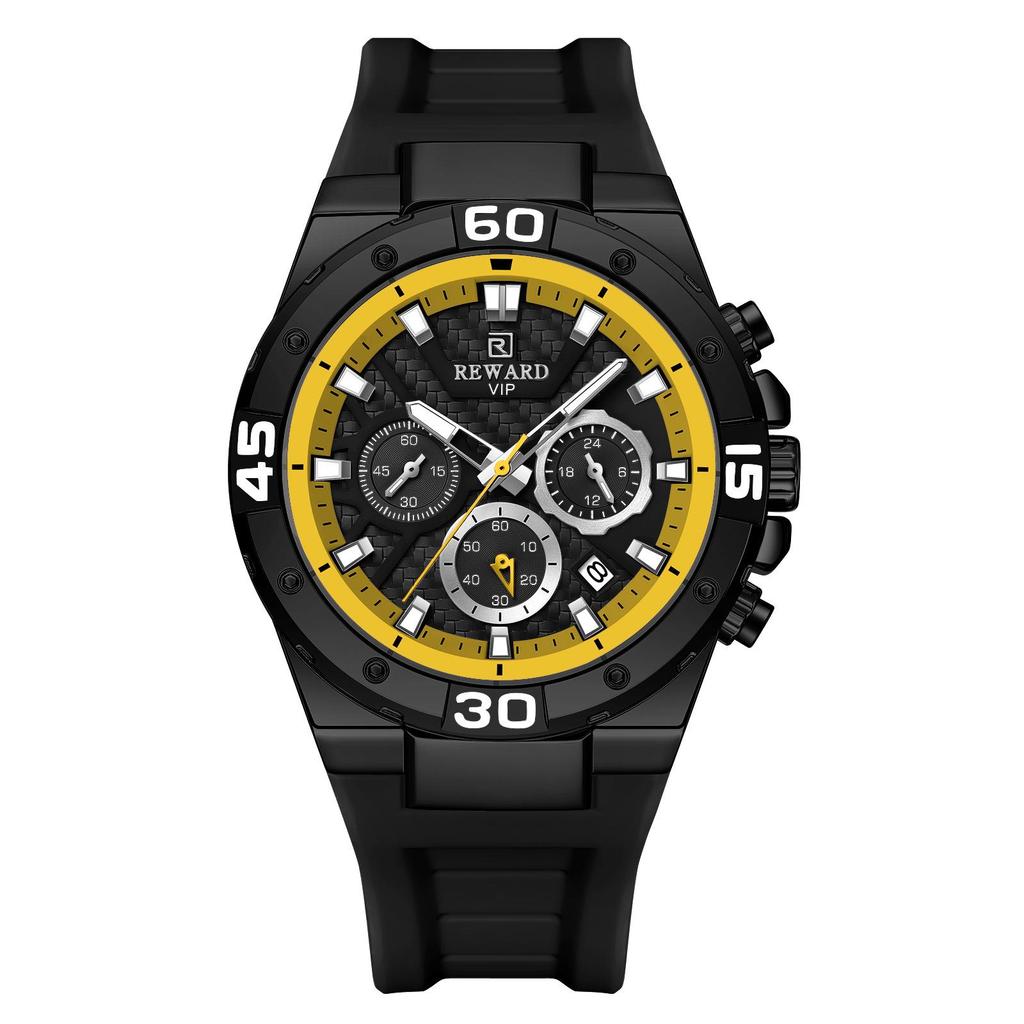 Reward Fashion Multifunctional Quartz Sports Watch: Waterproof, Luminous, Silicone Strap, Three-Eye, Six-Hand Design for Men.