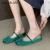Fashion SUOJIALUN 2025 Spring New Women Flat Slipper Fashion Round Toe Slip On Mules Shoes Low Wedge Heel Outdoor Dress Sandal Slides Sh