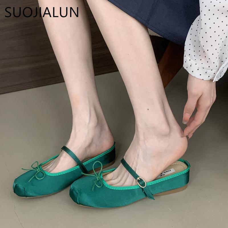 Fashion SUOJIALUN 2025 Spring New Women Flat Slipper Fashion Round Toe Slip On Mules Shoes Low Wedge Heel Outdoor Dress Sandal Slides Sh