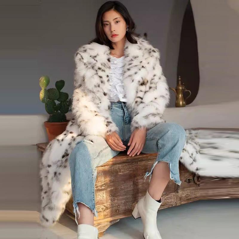 Winter leopard print fur integrated imitation leather jacket women's long suit collar imitation fox hair imitation mink coat