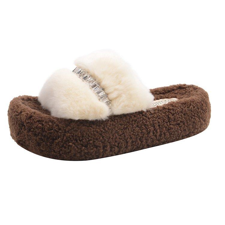 Retro rhinestone thick-soled fluffy slippers outer wear 2025 new small height increase comfortable and lightweight one-pedal slippers