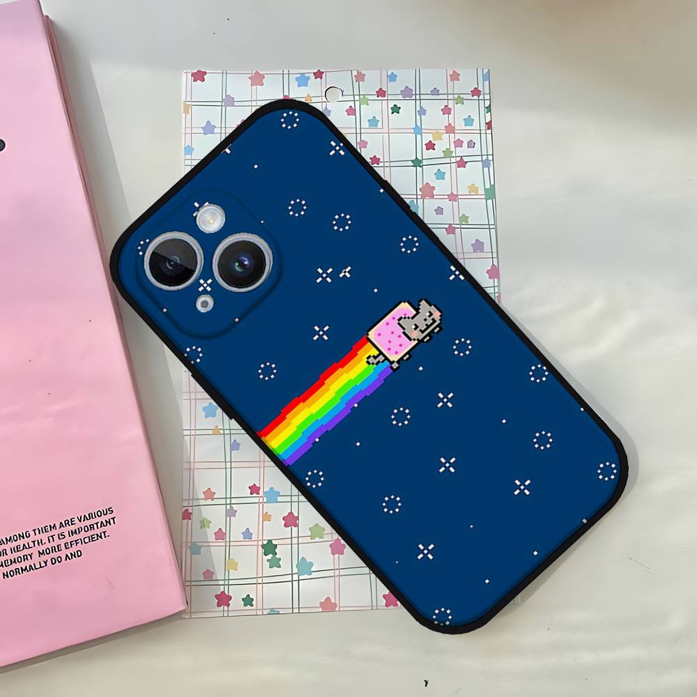 Roztomilý Vtipný Kočka N-nyan Pouzdro na Telefon Pouzdro na Telefon Pro IPhone 17,16,15,14,13,12,11,Pro,Plus,Mini Měkký Černý Kryt