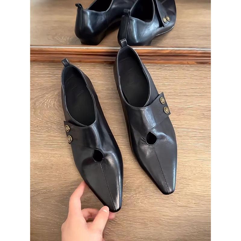 Sheepskin Version~ Super Soft Small Gold Buckle Pointed Small Leather Shoes Women's Design Thick Heel Versatile Household Shoes