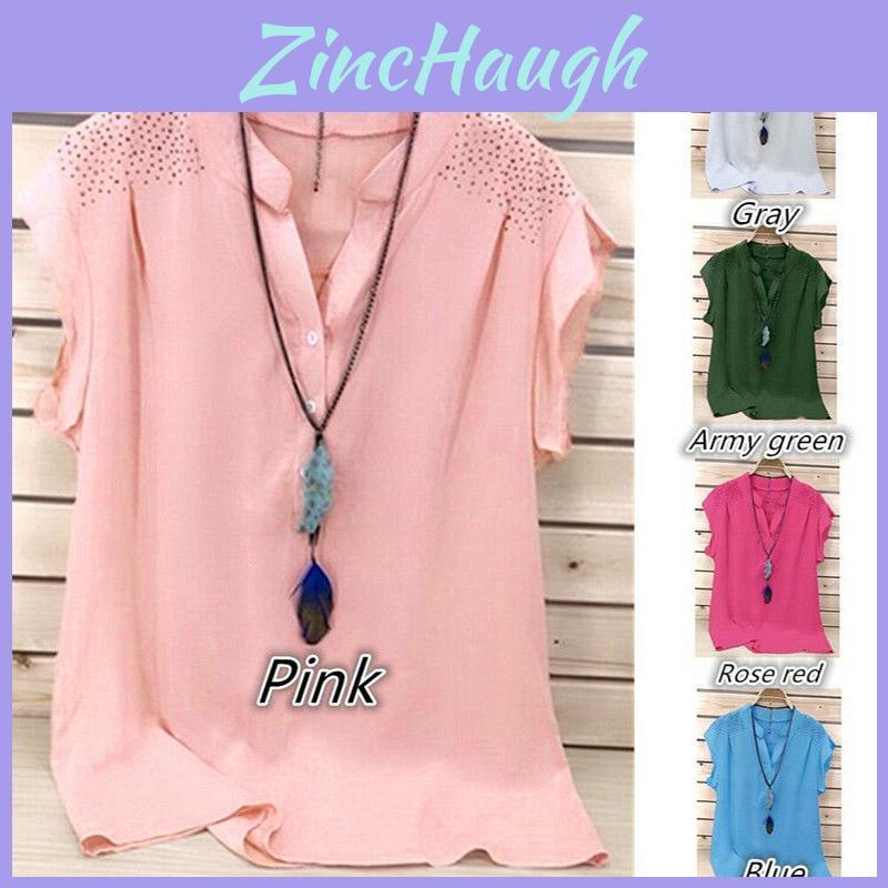 Elegant Womens Summer Button V Neck Short Sleeve T Shirt For Plus Size Ladies
