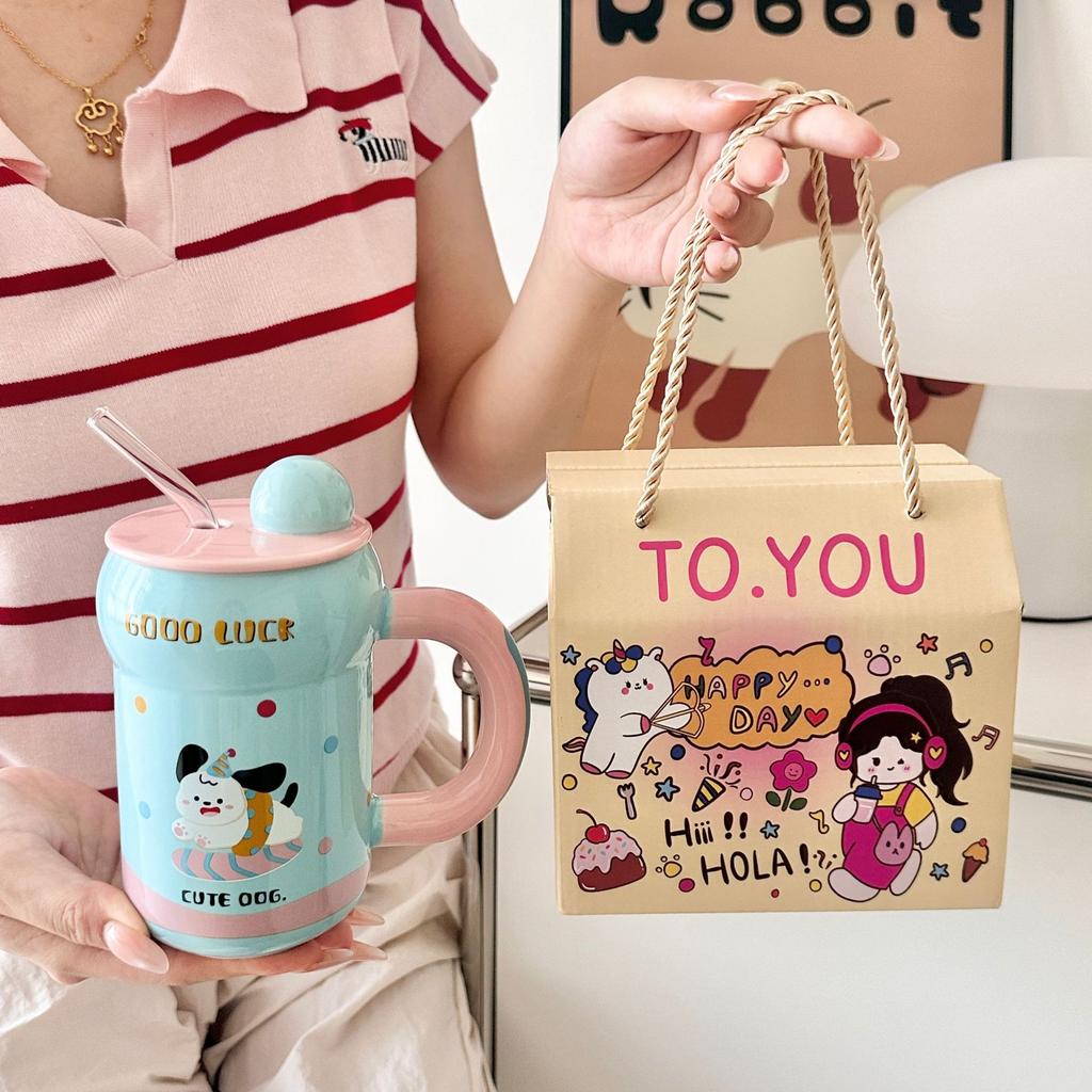 Cute Ceramic Mug with Lid Straw Cup Couple Home Cup Practical Birthday Gift for Girls
