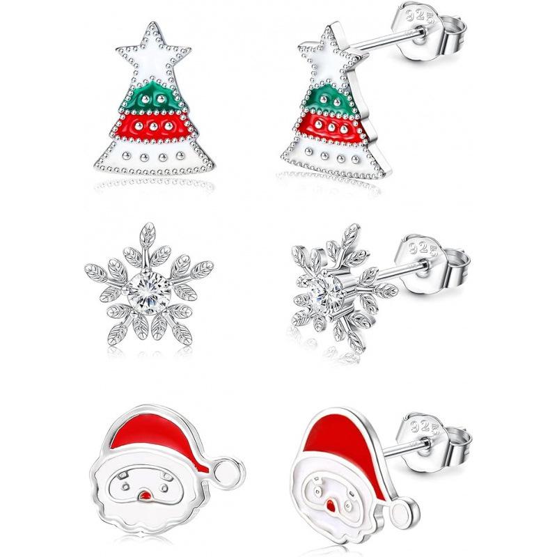 S925 Sterling Silver Reindeer Snowflake Red Earrings - Christmas Series Studs for Women