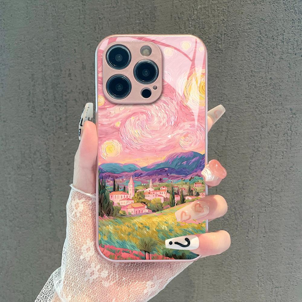 Explosive Gentle Powder Starry Night Oil Painting Mobile Phone Case Art iPhone13PROMAX Glass Protective Case