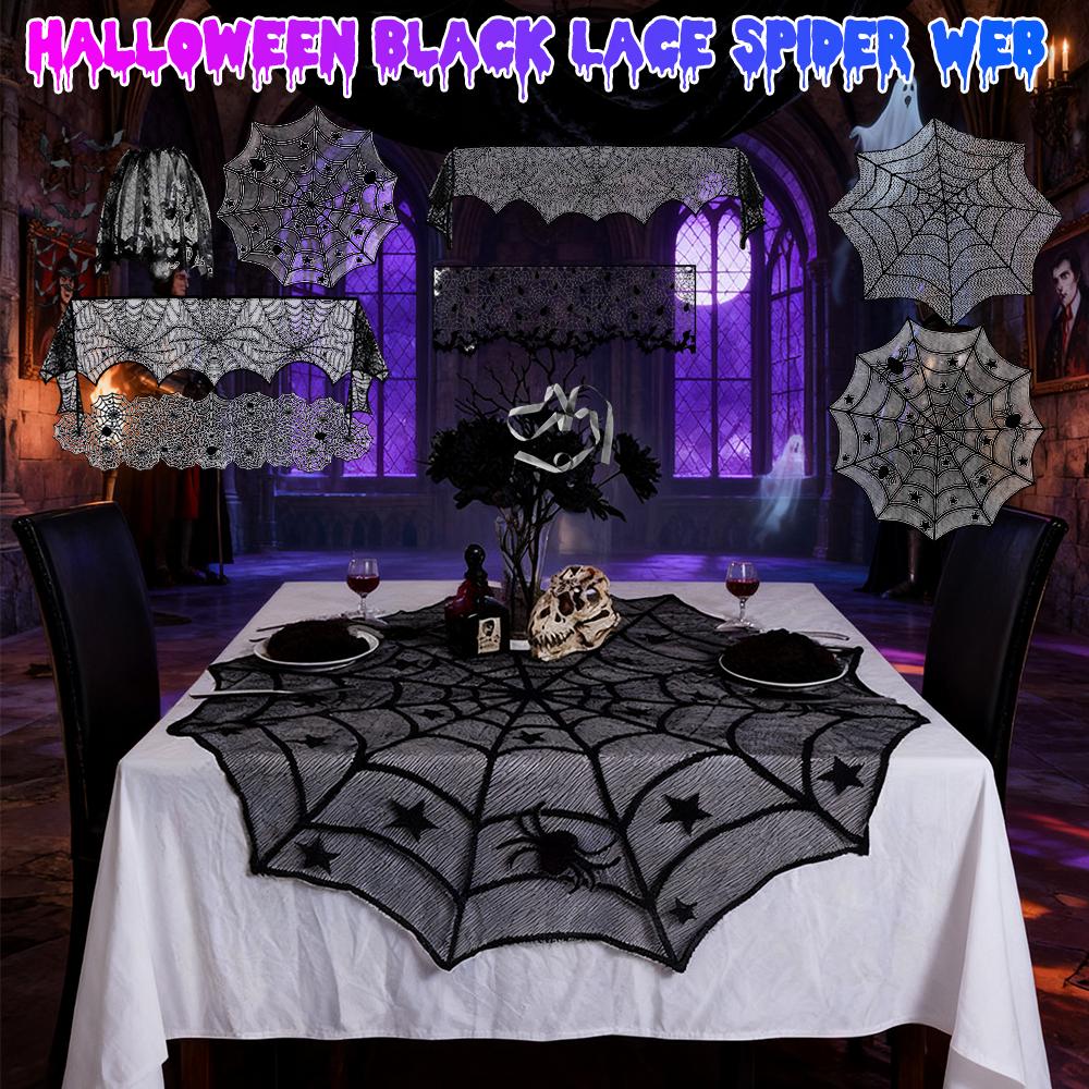 Halloween Lace Spider Web Placemat Fireplace Cover Skeleton Skull Tablecloth Hollow Out Spiderweb Placemat Halloween Party Decor