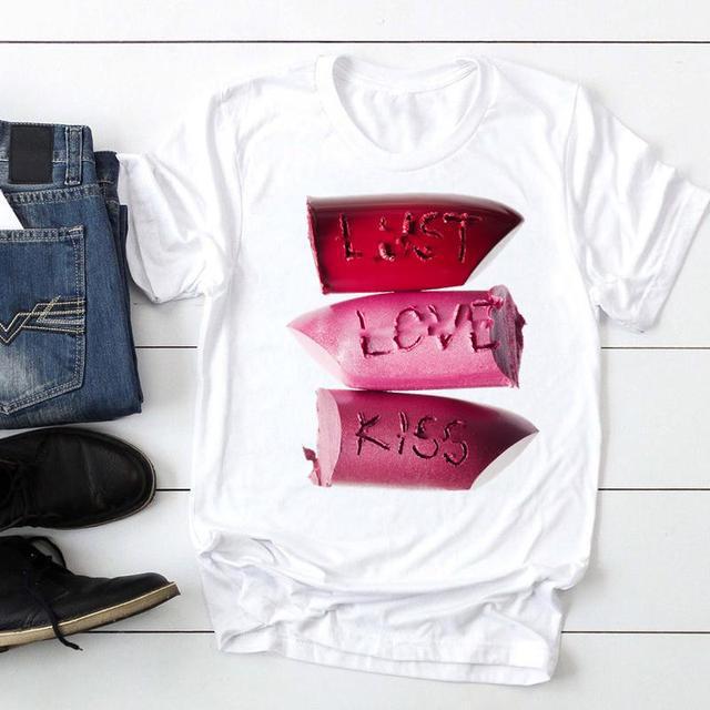 

Европейский размер Женская повседневная футболка с принтом акварельных губ - Коллекция весна/лето 2025 2XL