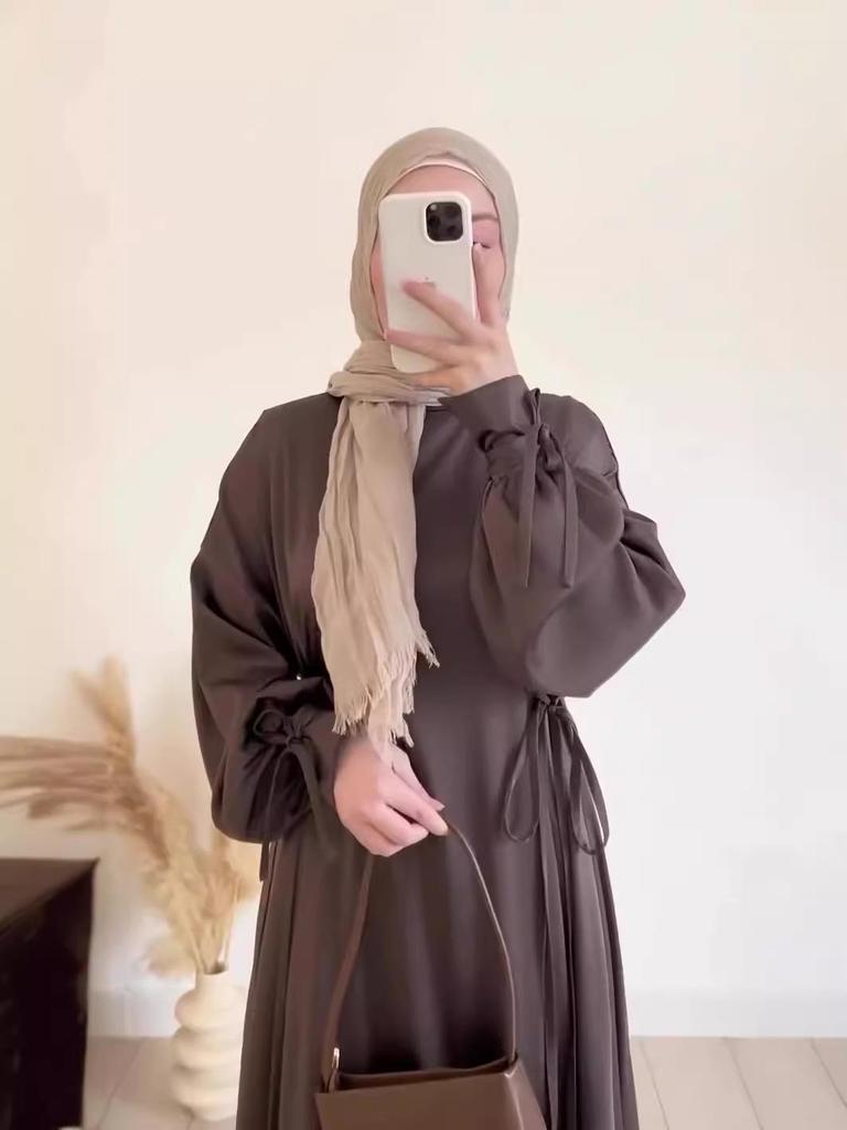 Rochie lungă slim A-line cu mâneci felinar și cravată, culoare uni, toamnă 2024