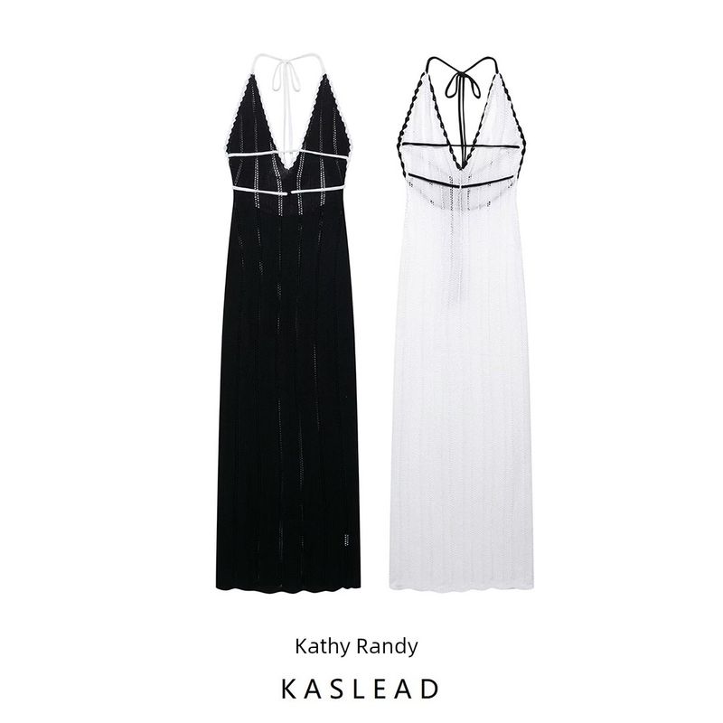 Kaslead New Women Clothes Western Style Backless Strap Slightly Transparent Design Deep V-neck Contrast Color Dress