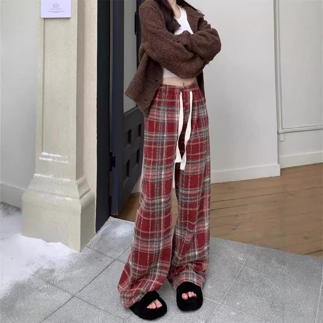 

Женские клетчатые брюки широкого кроя с эластичным поясом — легкие, на шнурке, повседневные, идеально подходят для весны и осени. Large