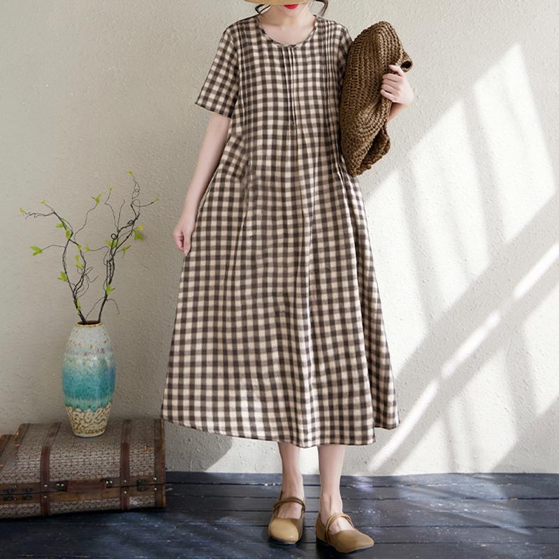 ZANZEA Women Plaid Print Casual Round Neck Short Sleeve Dress