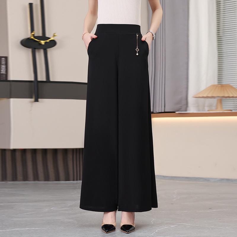 High-Waist Wide-Leg Drapey Pants for Middle-Aged & Elderly Women - Casual, Loose, Straight-Leg Fit for Spring & Autumn