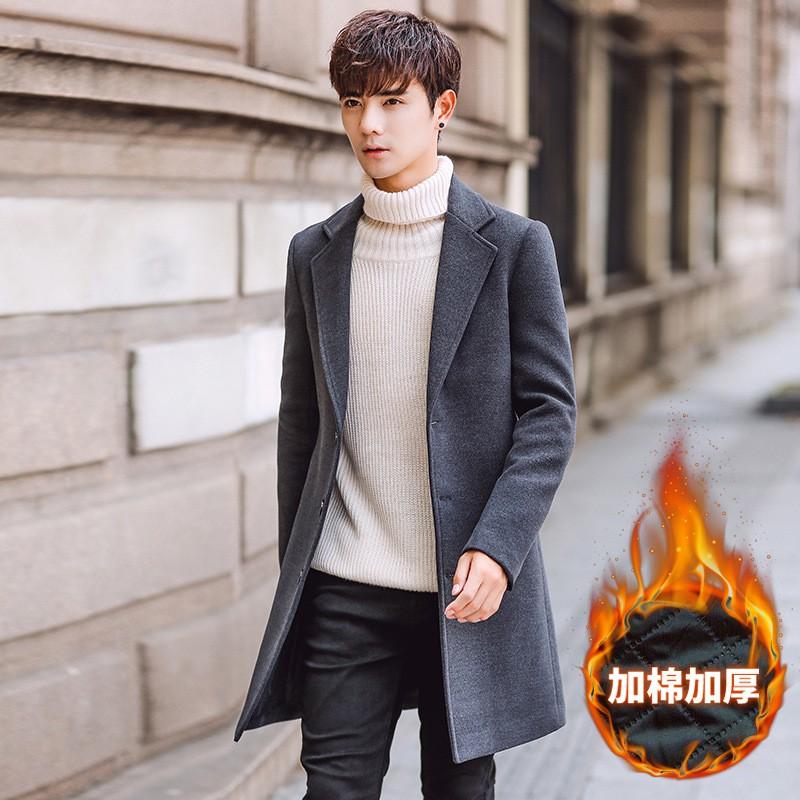 2019 Mens Wool Blend Coat Slim Fit Mid-Length Overcoat Thick Warm Winter Outerwear
