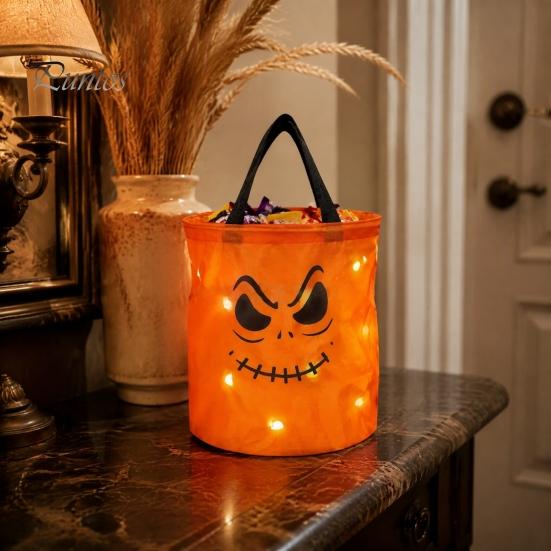 Festival Party Supply for Candy Glowing Pumpkin Bag with LED Lights, Reusable Halloween Treat Spooky Tote Lights Kids, Trick or Handbag Favors