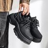 New Dad Shoes Men Thick-Soled Derby Matte British Round Head Heightening Muffin Leather Shoes All Black Sports