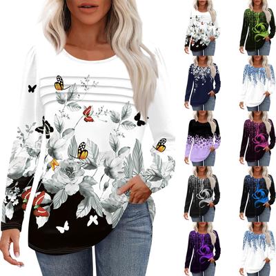 Top de Mujer Suelto Casual Estampado Cuello Redondo Plisado Manga Larga Top Moderno Top