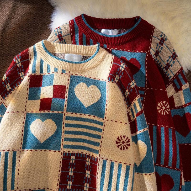 2026 Autumn And Winter New Trendy American Retro Plaid Love Ins Sweater Red Thickened Lazy Couple Sweater Loose Jacket For Men