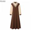 ZANZEA Women Muslim Casual Polak Dot Print Splice Long Sleeve Loose Dress