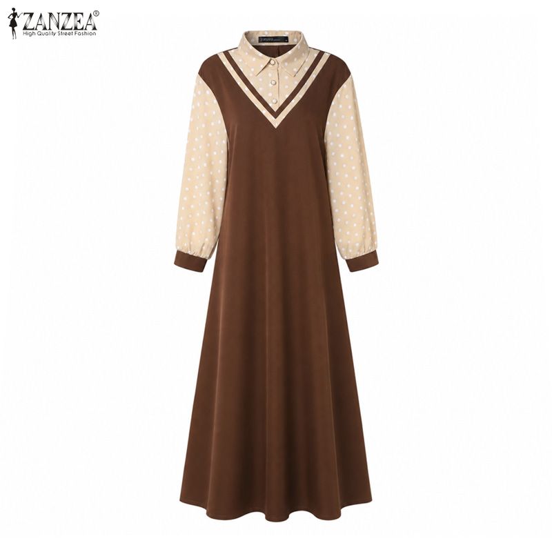ZANZEA Women Muslim Casual Polak Dot Print Splice Long Sleeve Loose Dress