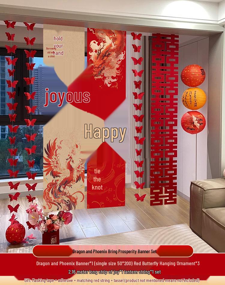 Double Happiness Wedding Room Cloth Banner Set for Ceremony and Hotel Décor