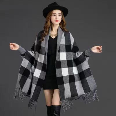 Girl Plaid Knitted Casual Sweater Tassel Thick Shawl Cardigans for Autumn Winter Outfits