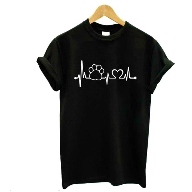 Women Casual Funny Summer Short Sleeve Footprint Heart Beat T Shirts