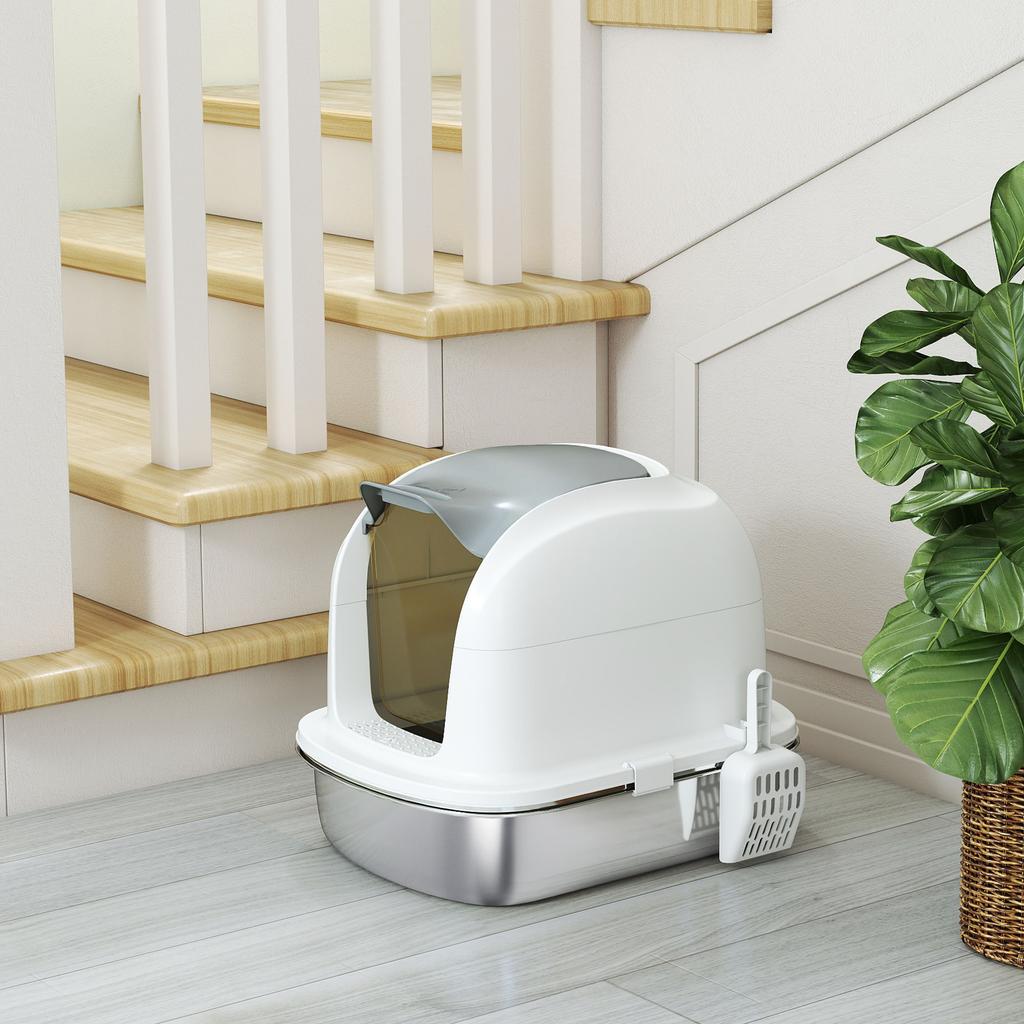 Litière pour Chat en Acier Inoxydable avec Couvercle, pour Chats, Litière Fermée pour Chat avec Couvercle à Rabat, Pelle