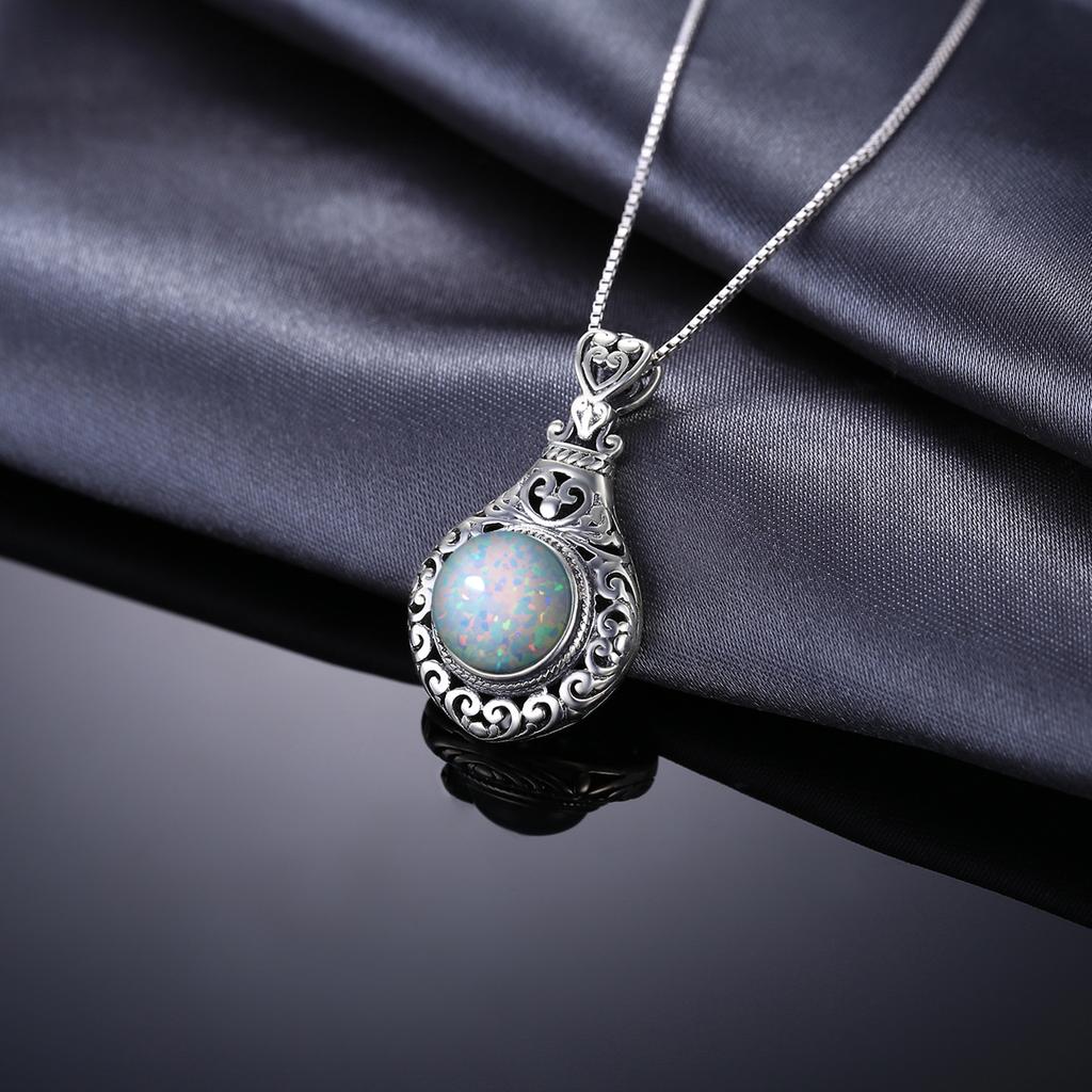 JewelryPalace Vintage 2.5ct Cabochon Created Opal 925 Silver Heart Love Statement Pendant Necklace Choker No Chain