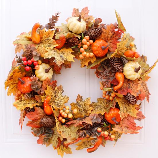 18 Inch Fall Wreath for Front Door Autumn Artificial Wreath with Pumpkin Maple Leaves Berries Pine Cones for Thanksgiving Harvest Indoor Outdoor Home