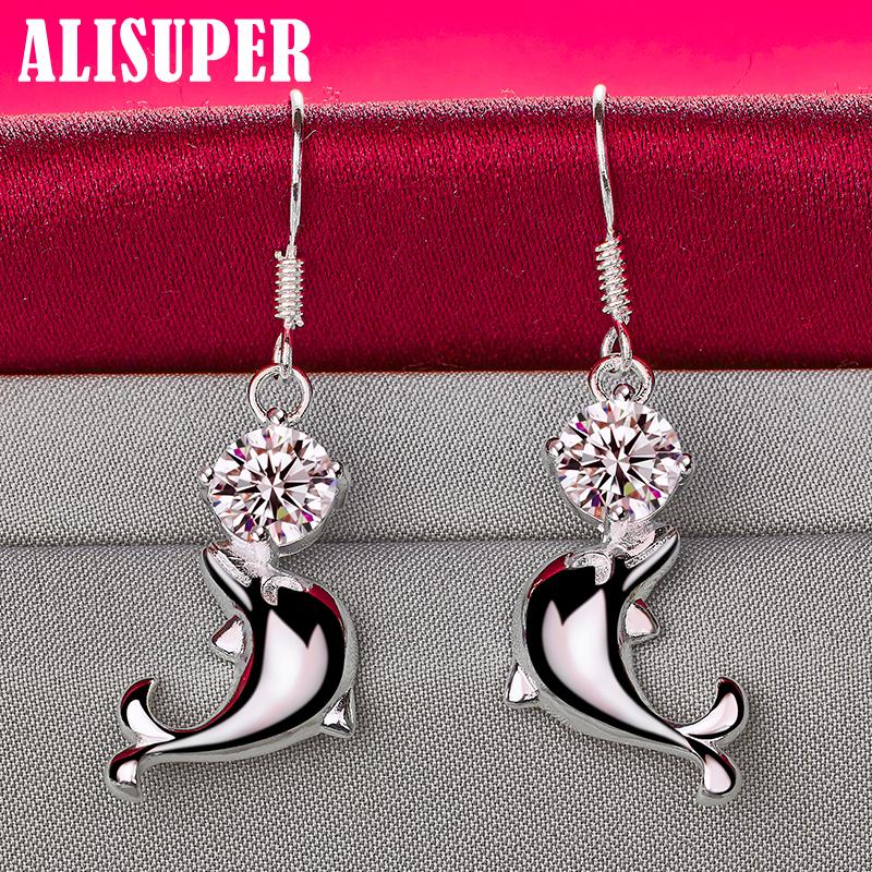 925 Sterling Silver Dolphin AAA Zircon Drop Earrings Jewelry