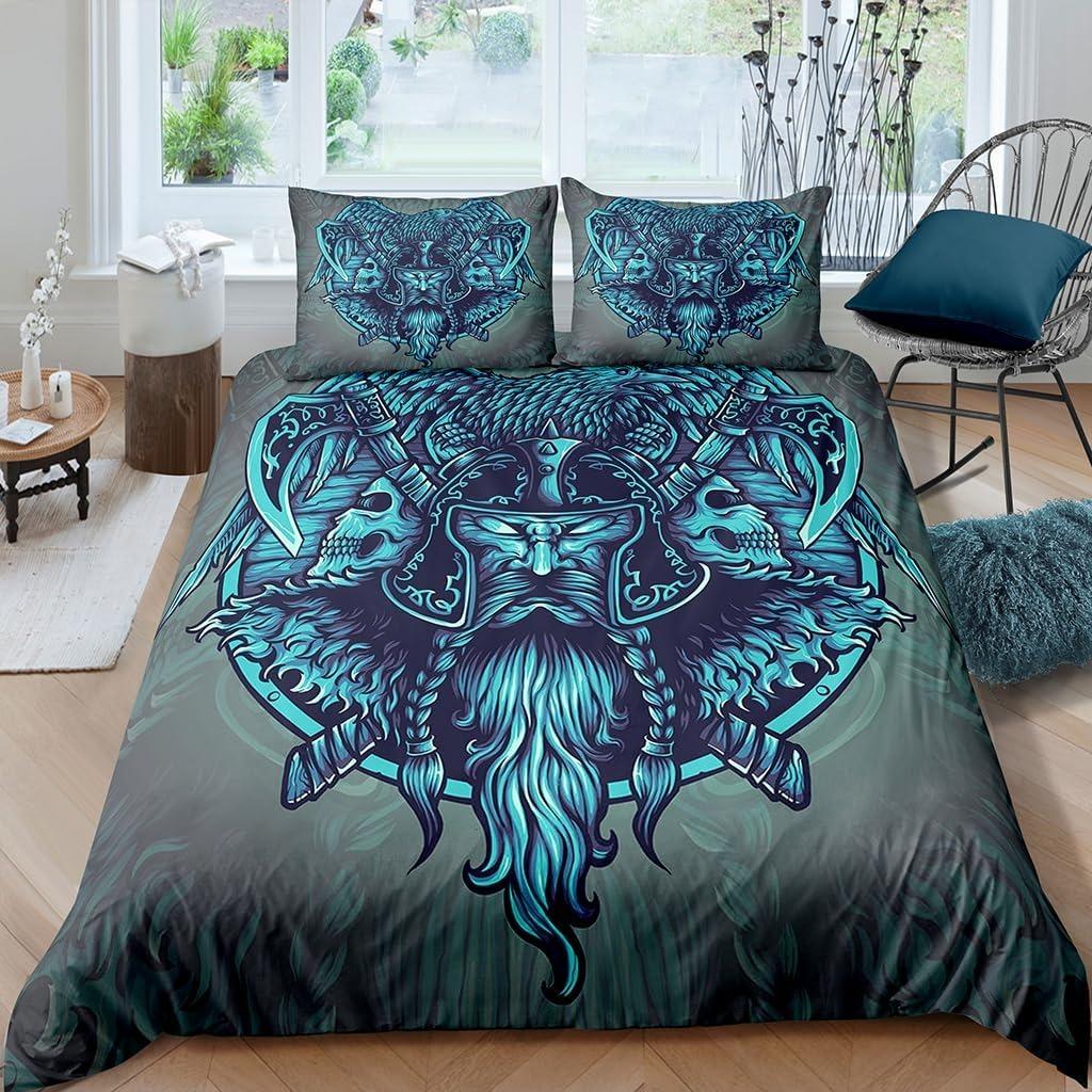 2 Wikingerkultur Mystisches Symbol Bettwäsche-Set, Wikinger Bettbezug 3D-Druck Steppdeckenbezug Kissenbezug Königin König Größe Jungen Erwachsene Geschenk
