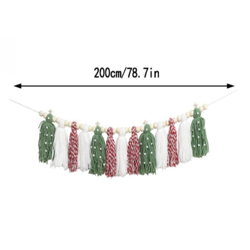 Tree Ornament - Nordic-Inspired Fleece Beads, Green & Pink Pom-Pom Tassels, Versatile Wall Decor for Holiday Celebrations
