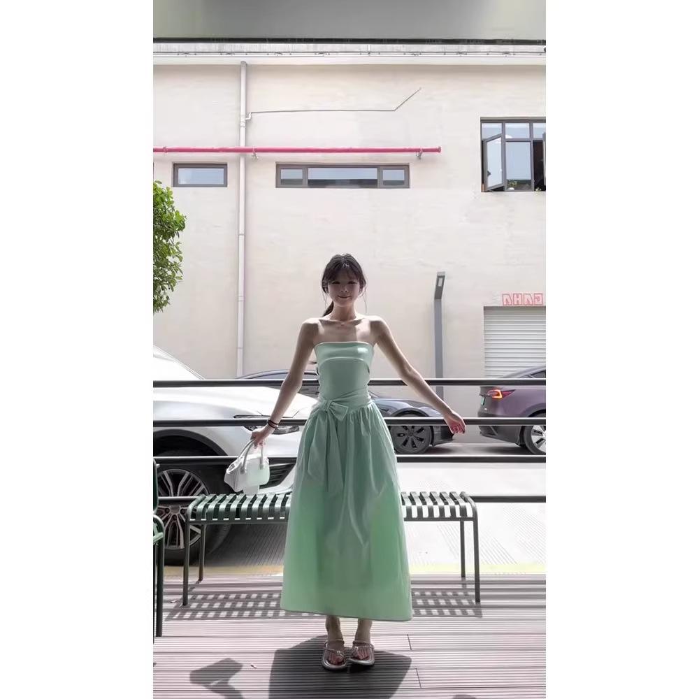 Korean simple bow strap tube top dress summer new design temperament waist thin medium and long dress
