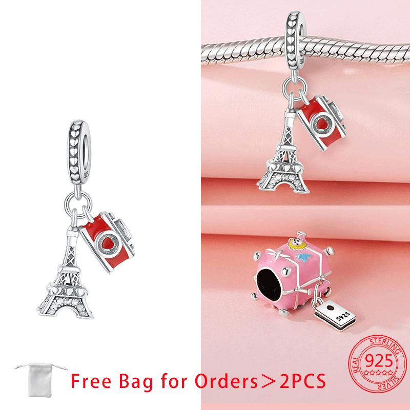 Original Copper Suitcase Pink Camera Plane Paris Tower Charms Beads Pendant Fit Diy Women Bracelet Jewelry Delicate Gifts