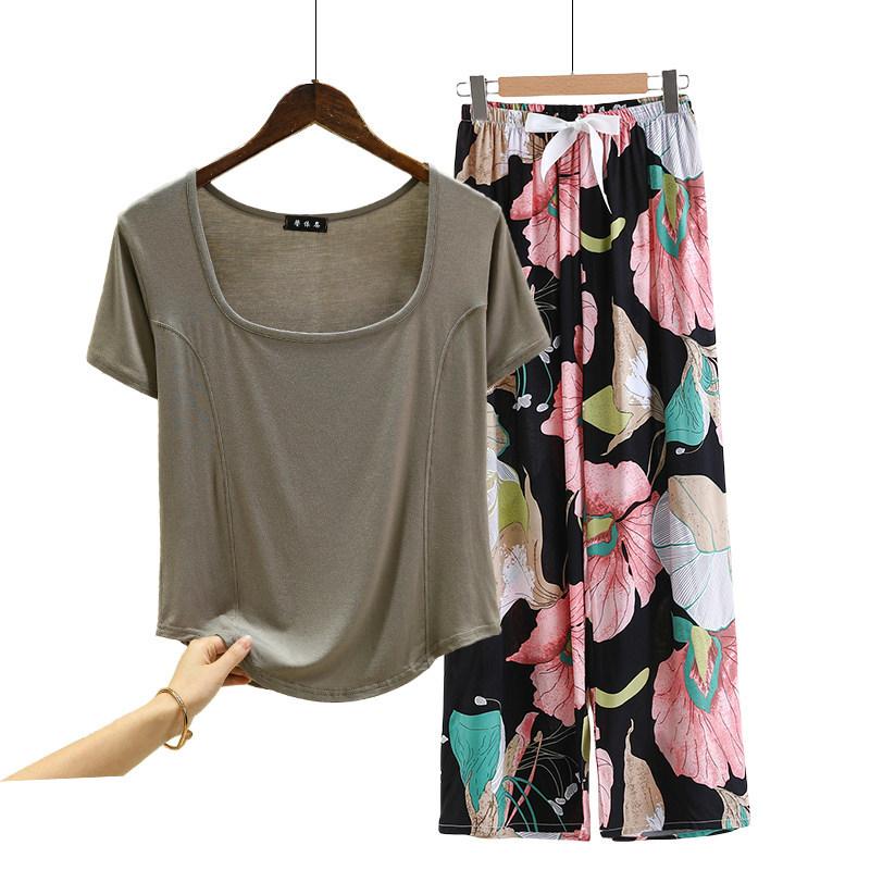 Fashion U Nek Tshirt and Floral Wide leg pants Summer fashion homewear 2pcs suit Loose Casual pajamas set comfort loungewear plus size