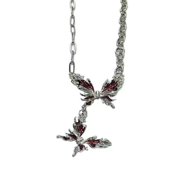 

Red zircon butterfly titanium steel necklace female cold wind collarbone chain sweet neck chain