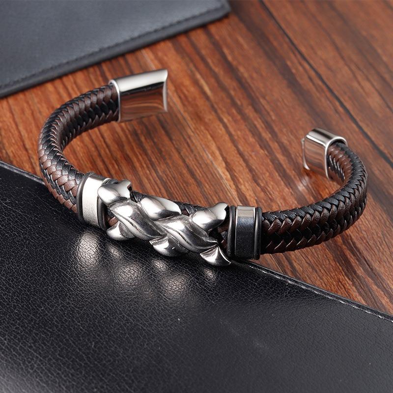 21CM Men Hand-woven Leather Rope Bracelet Black Hip Hop Vintage Chain Bracelet Male Stainless Steel Jewelry