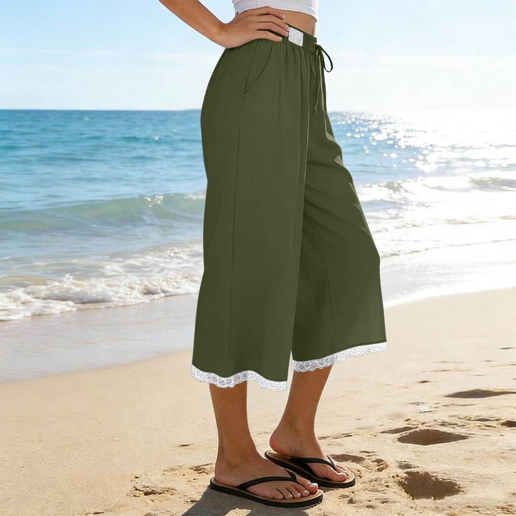 Women's Fashionable Wide-Leg Beach Cropped Pants, Loose-Fit Casual Pants