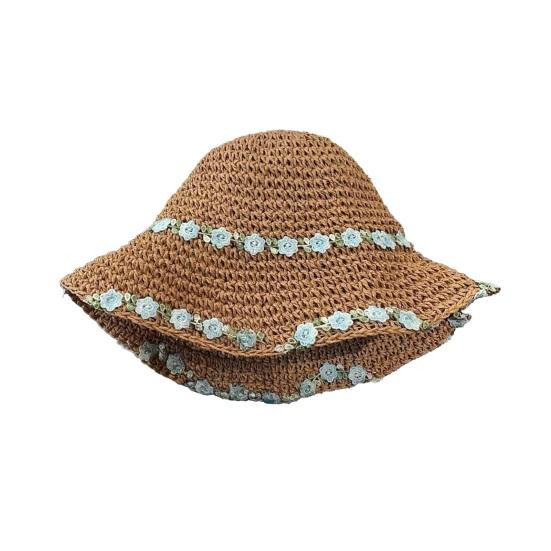 

Sun Hat Pastoral Style Hand-Woven Flower Pattern Wide Brim Bucket Hat Vacation Leisure Sun Protection Hat D